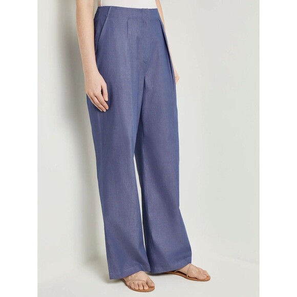 Misook NEW Zip Fly Wide Leg Pants Womens Large x 33" Blue Cotton Pockets Pleated - Picture 3 of 14